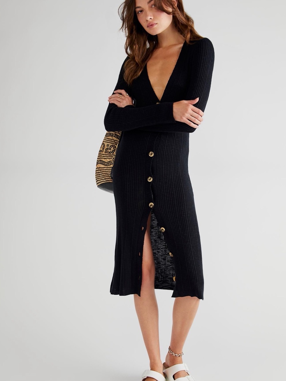 Free People Date Night Black Ribbed Cardigan